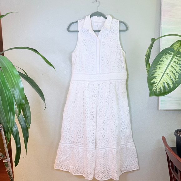 1901 Cotton White Eyelet Cottagecore Button Up Sleeveless Bohemian Midi Dress 12 - Picture 2 of 13